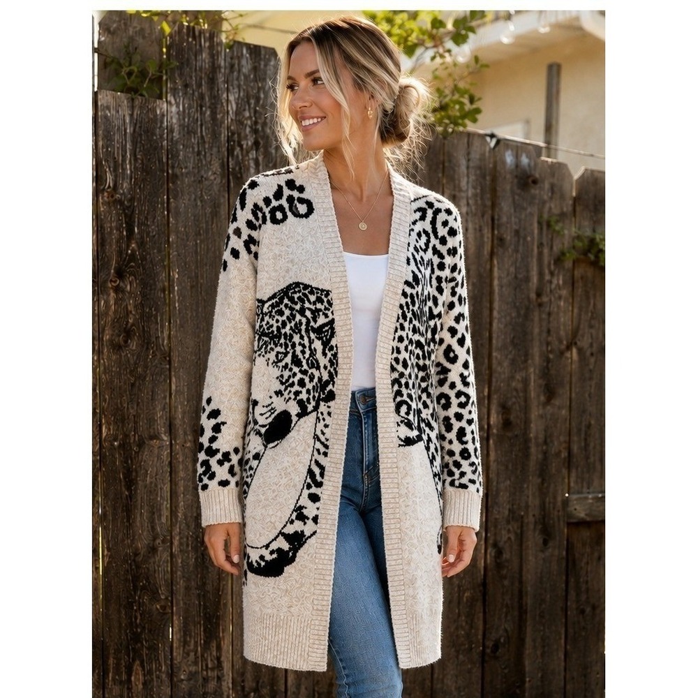 Cocobleu Leopard Cardigan Women Small Long Open Front Big Cat Animal Print